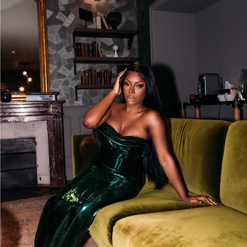 Custom Green ValdrinSahiti Strapless Gown